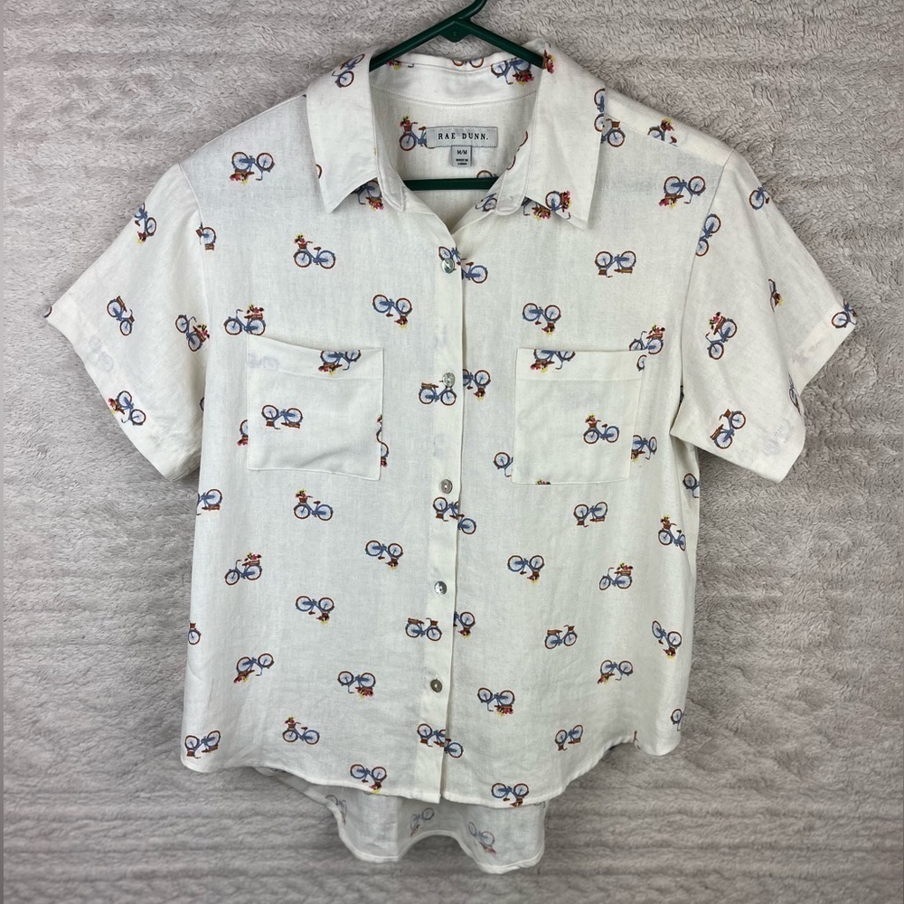 RAE DUNN Bicycle Flowers in Basket Linen Button Up Shirt Medium Novelty Print